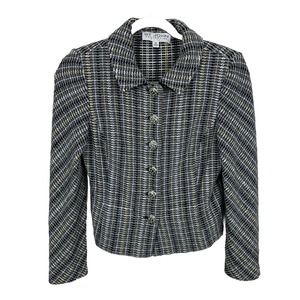 ST JOHN Collection Black White Tweed Button Blazer Jacket Sz 4 Knit Vintage USA